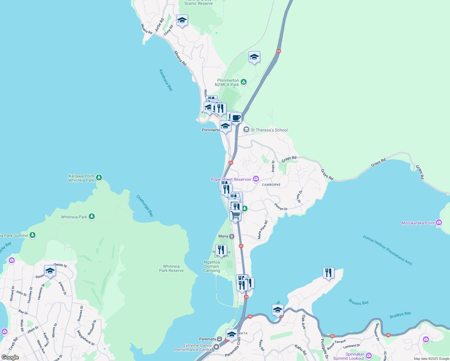 map of restaurants, bars, coffee shops, grocery stores, and more near Mana Esplanade in Porirua