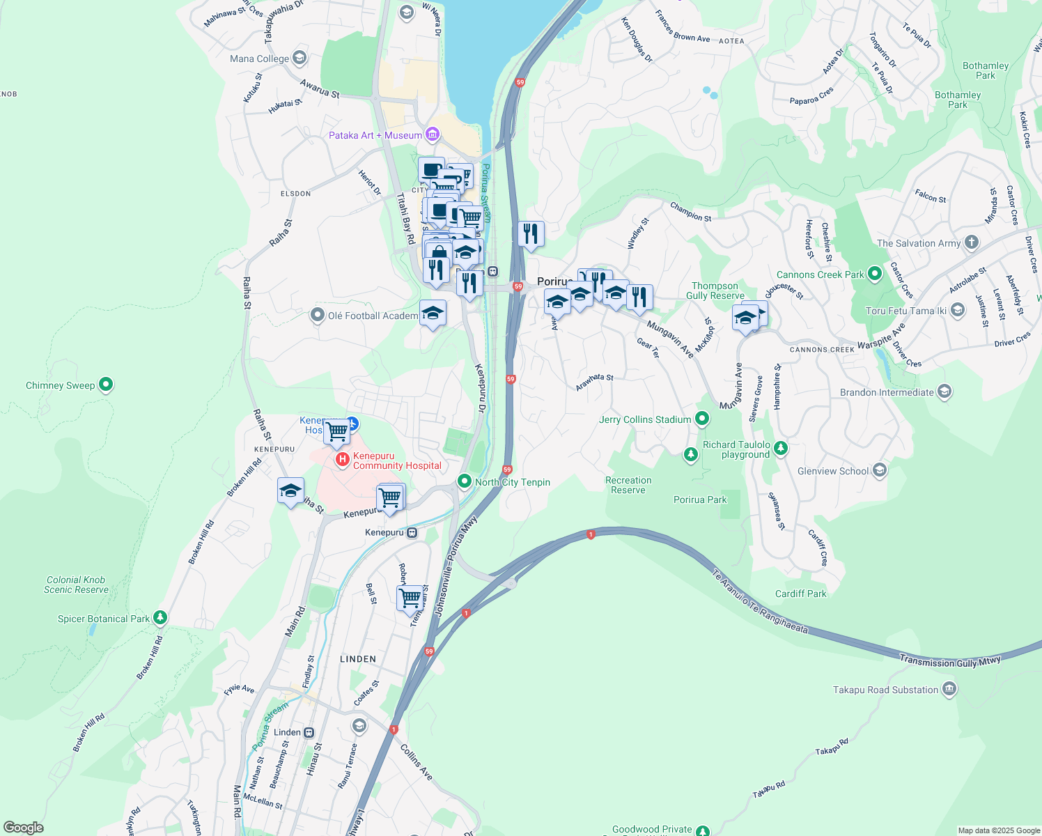 map of restaurants, bars, coffee shops, grocery stores, and more near 54 Huanui Street in Porirua
