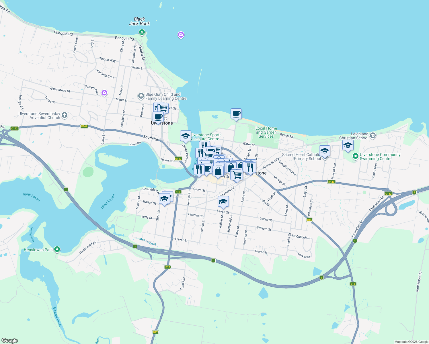 map of restaurants, bars, coffee shops, grocery stores, and more near 39 Reibey Street in Ulverstone