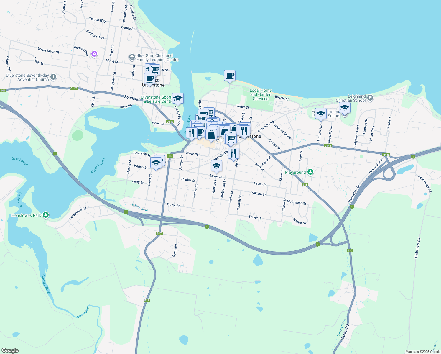 map of restaurants, bars, coffee shops, grocery stores, and more near Leven Street in Ulverstone