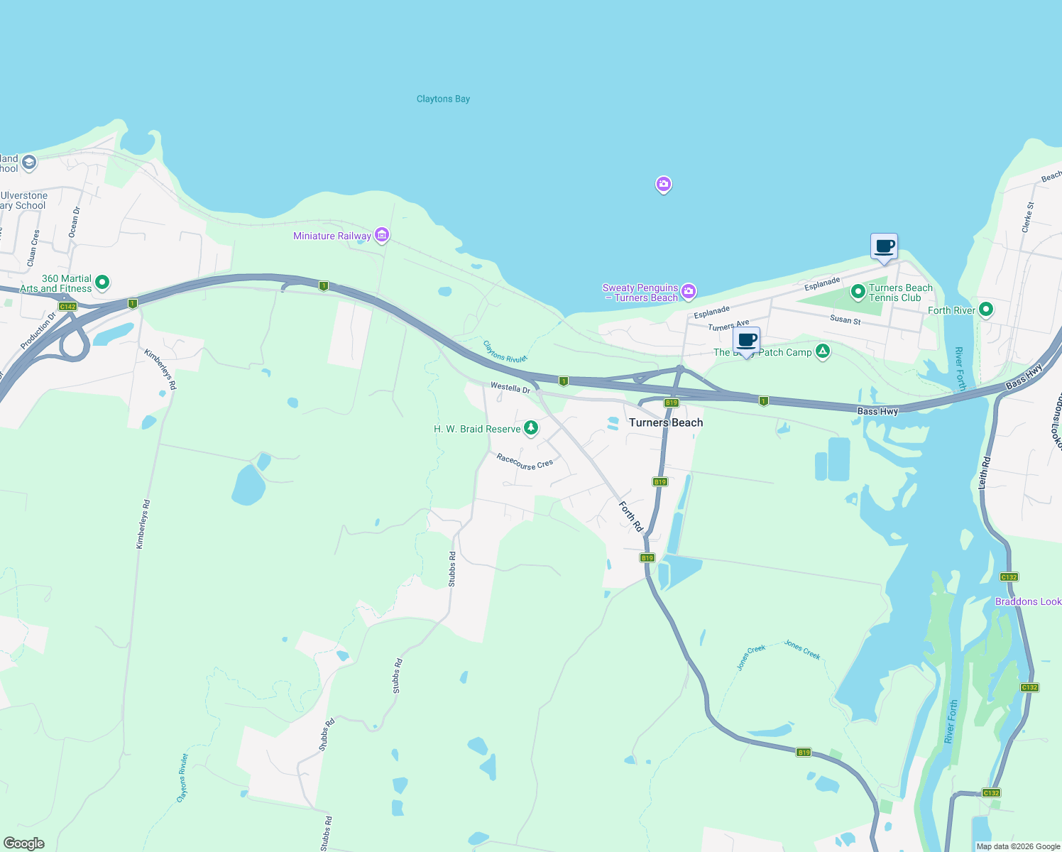 map of restaurants, bars, coffee shops, grocery stores, and more near 7-9 Poynton Close in Ulverstone