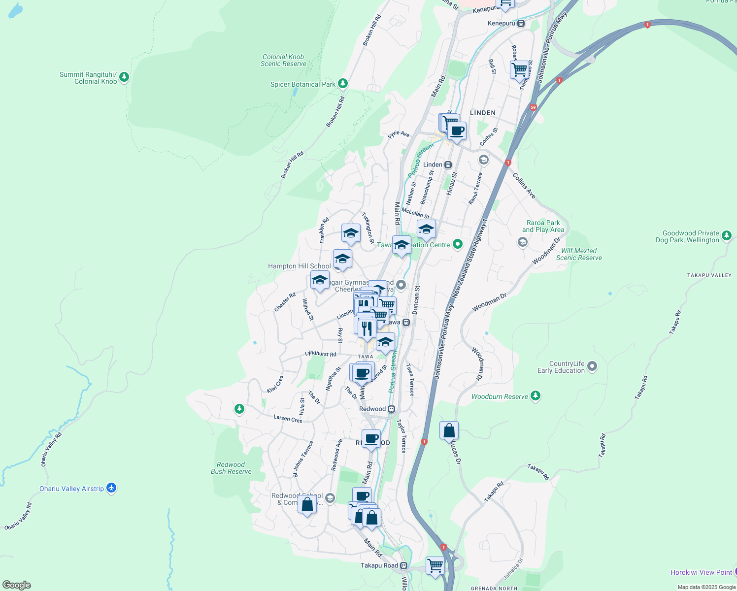 map of restaurants, bars, coffee shops, grocery stores, and more near 227 Main Road in Wellington