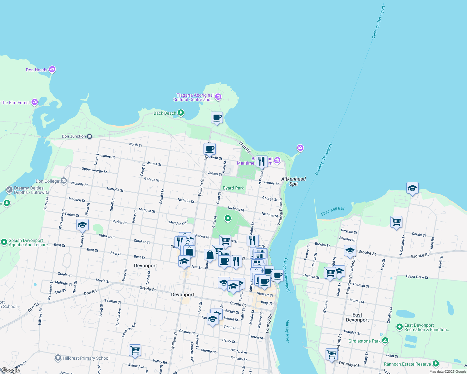 map of restaurants, bars, coffee shops, grocery stores, and more near 33-61 James Street in Devonport