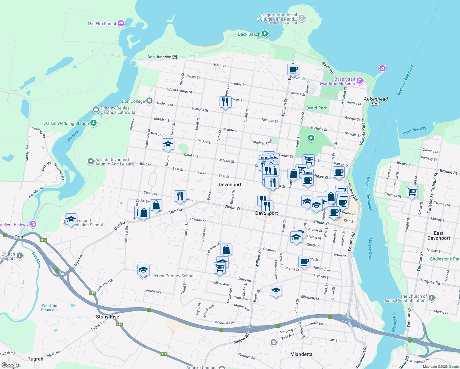 map of restaurants, bars, coffee shops, grocery stores, and more near in City of Devonport