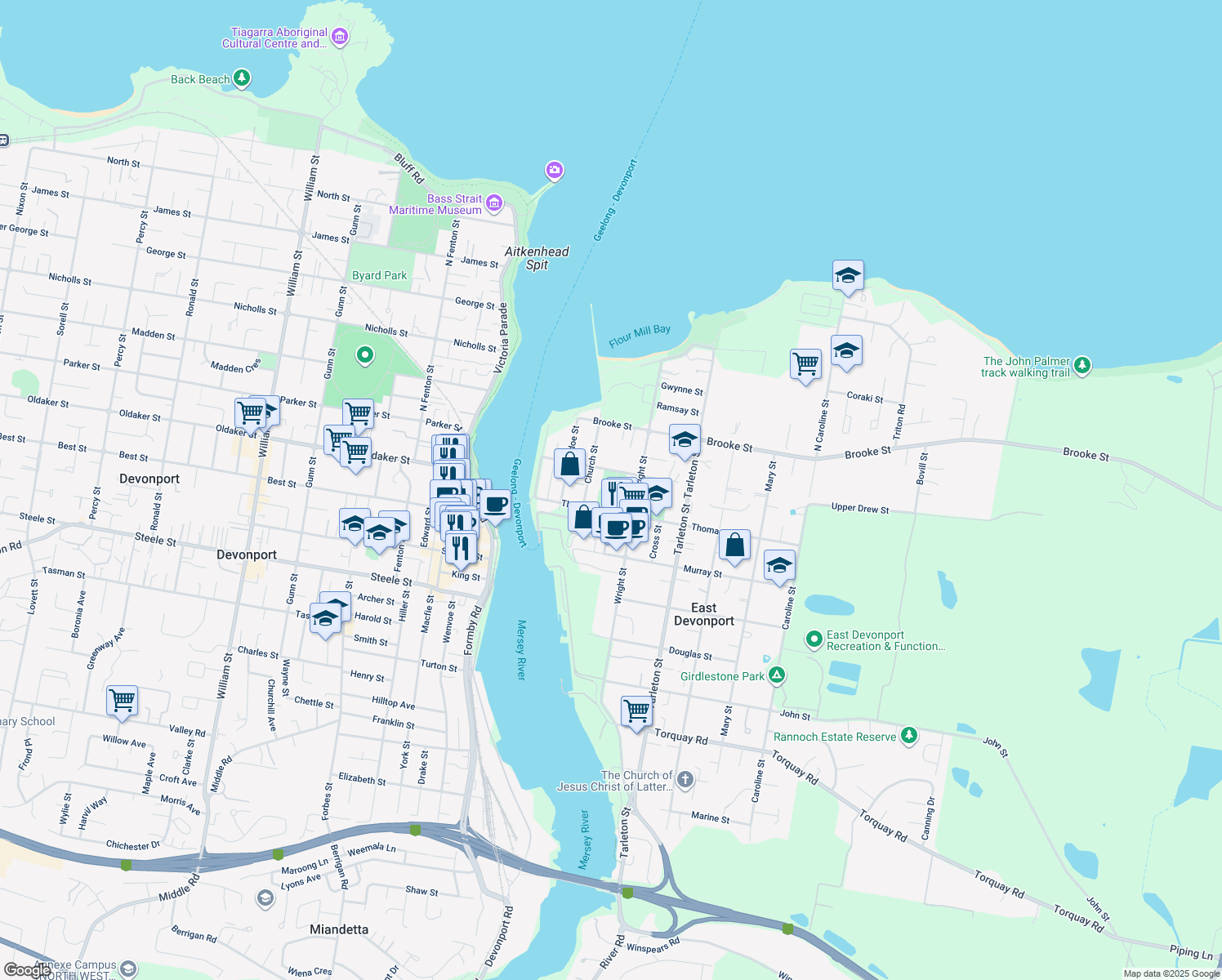 map of restaurants, bars, coffee shops, grocery stores, and more near 17 Thomas Street in East Devonport
