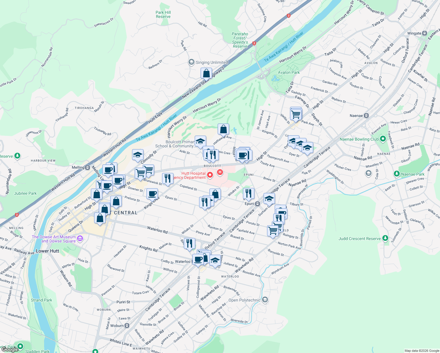 map of restaurants, bars, coffee shops, grocery stores, and more near 638 High Street in Lower Hutt