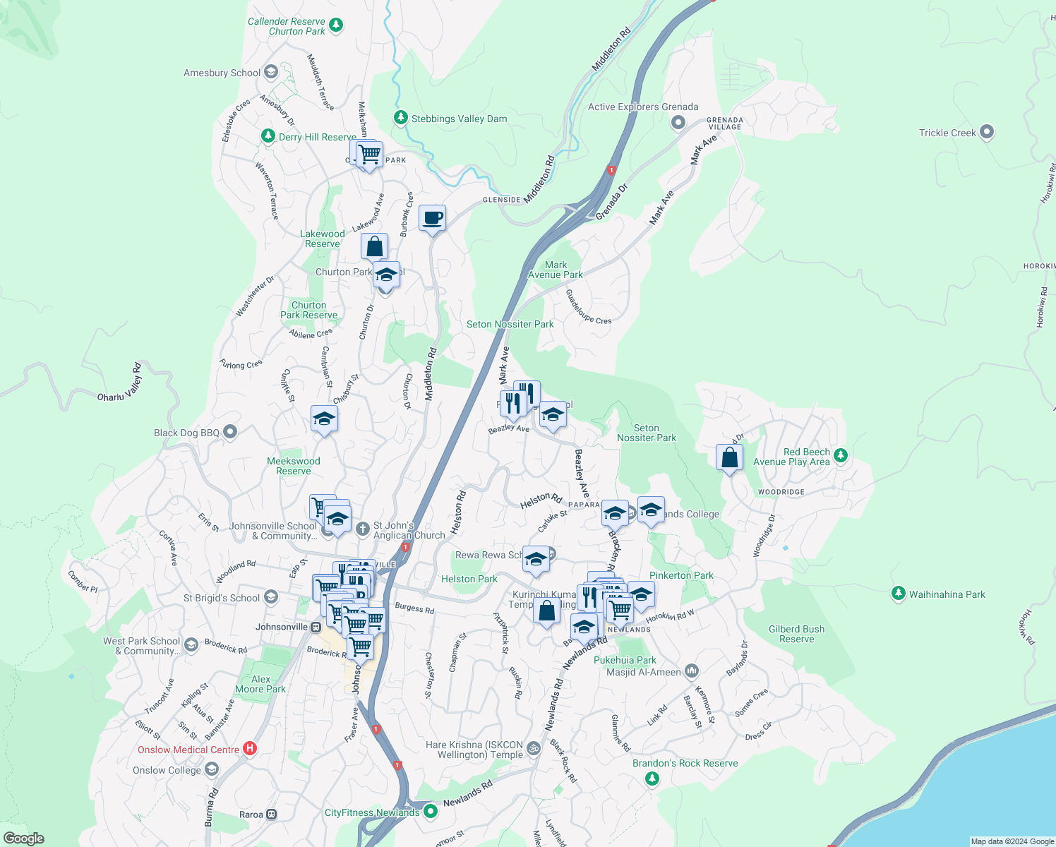 map of restaurants, bars, coffee shops, grocery stores, and more near 55 Beazley Avenue in Wellington