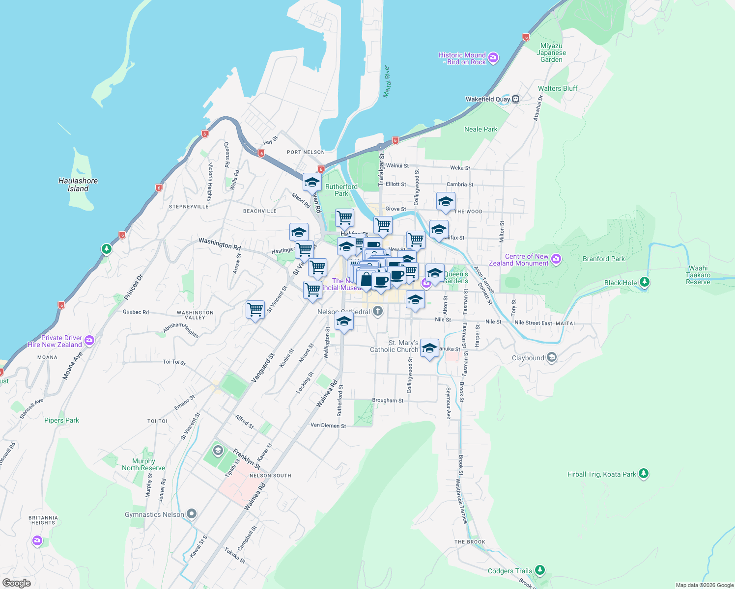 map of restaurants, bars, coffee shops, grocery stores, and more near Church Street in Nelson