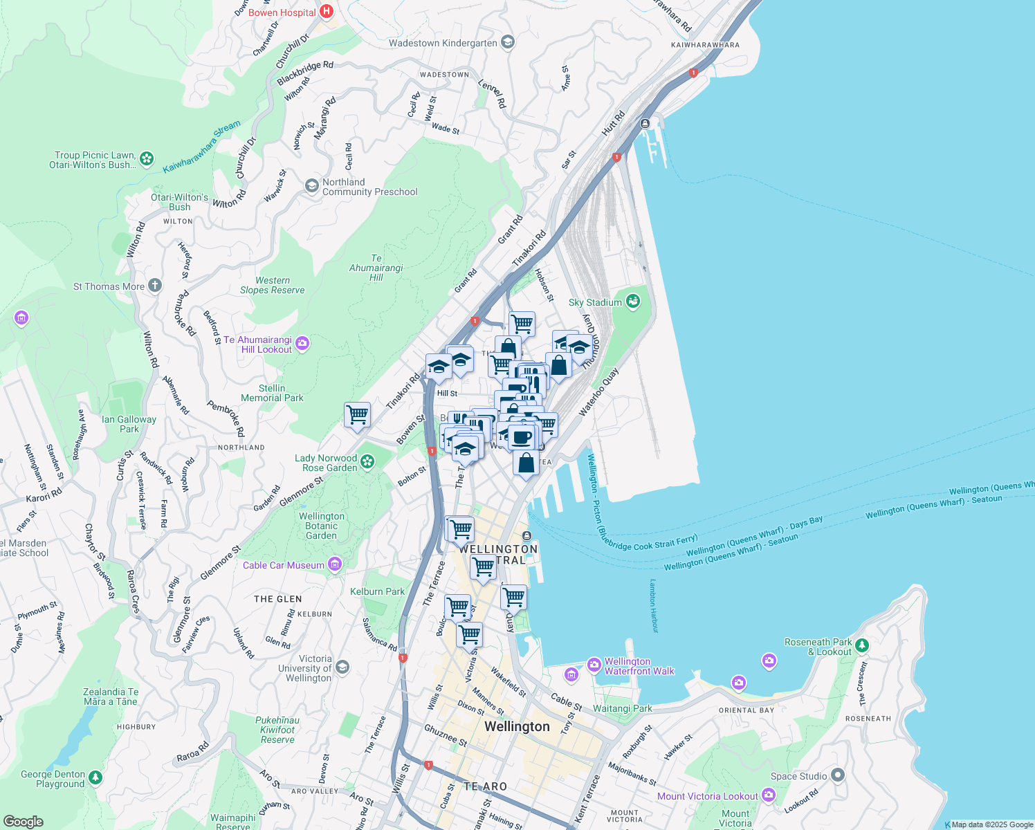 map of restaurants, bars, coffee shops, grocery stores, and more near 23 Kate Sheppard Place in Wellington