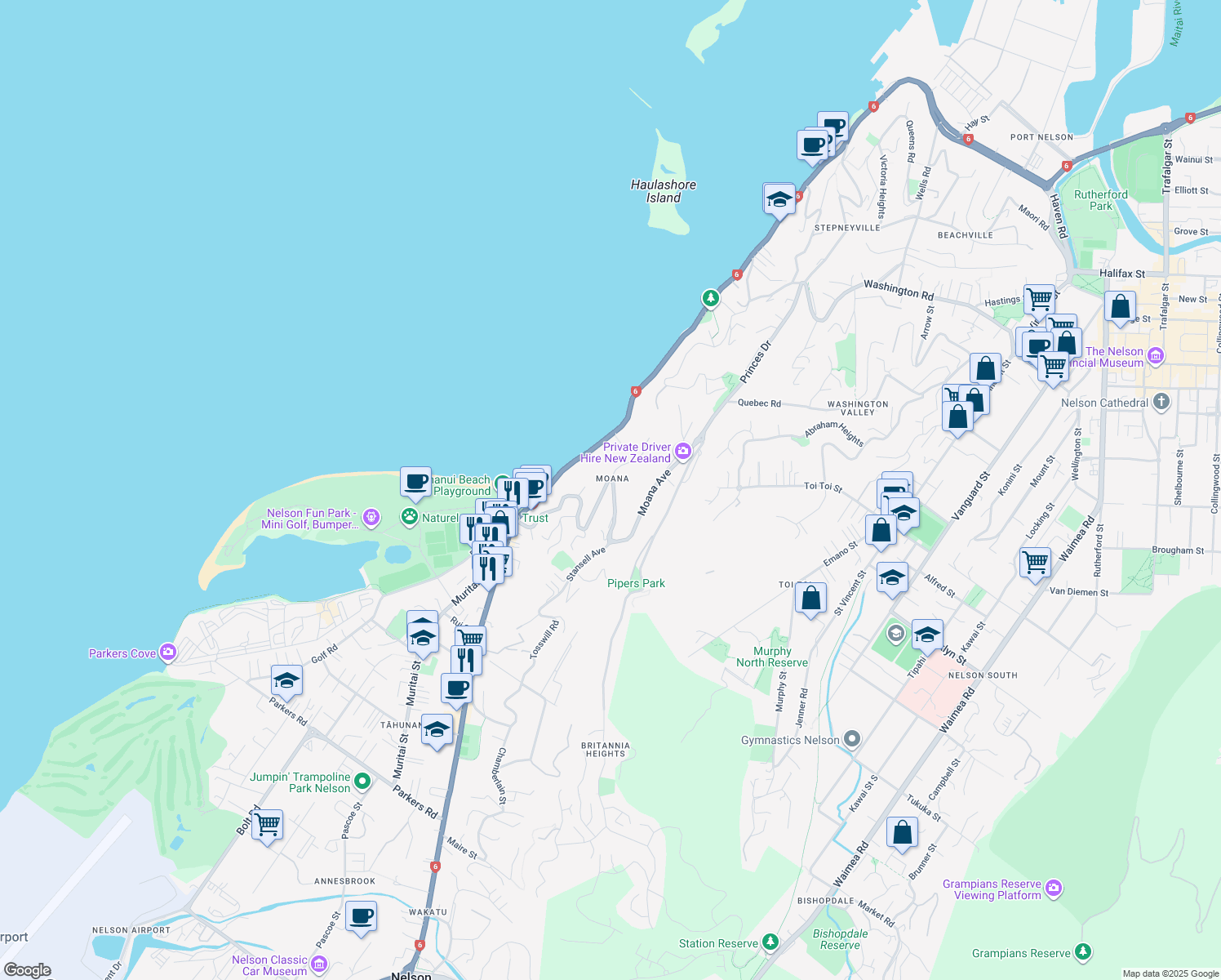 map of restaurants, bars, coffee shops, grocery stores, and more near 90 Moana Avenue in Nelson