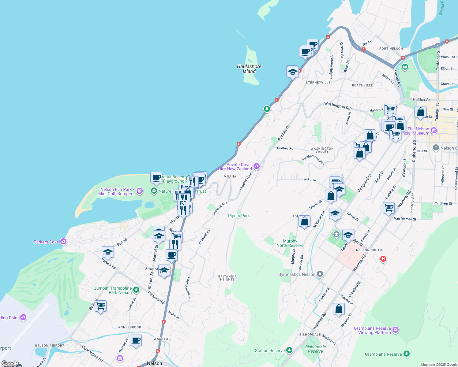 map of restaurants, bars, coffee shops, grocery stores, and more near 96 Moana Avenue in Nelson