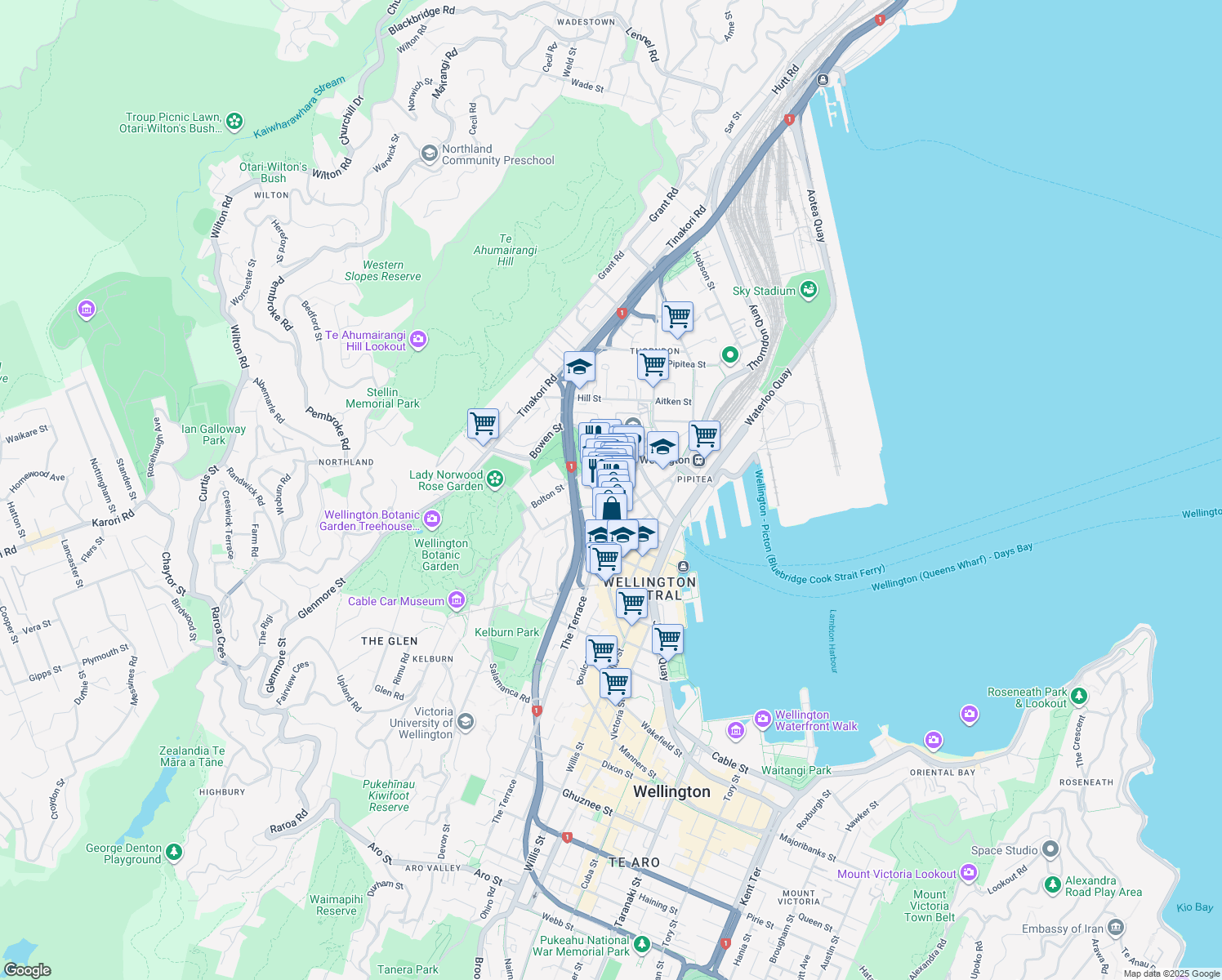 map of restaurants, bars, coffee shops, grocery stores, and more near 43 The Terrace in Wellington
