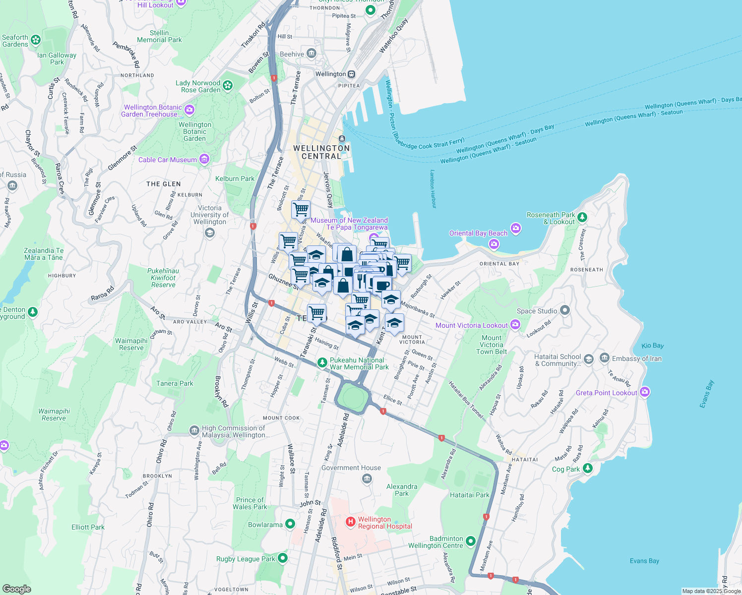 map of restaurants, bars, coffee shops, grocery stores, and more near 37 Courtenay Place in Wellington