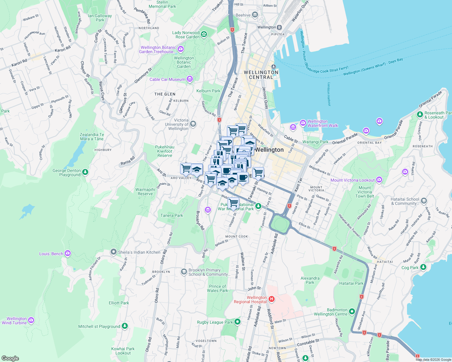 map of restaurants, bars, coffee shops, grocery stores, and more near Abel Smith Street in Wellington
