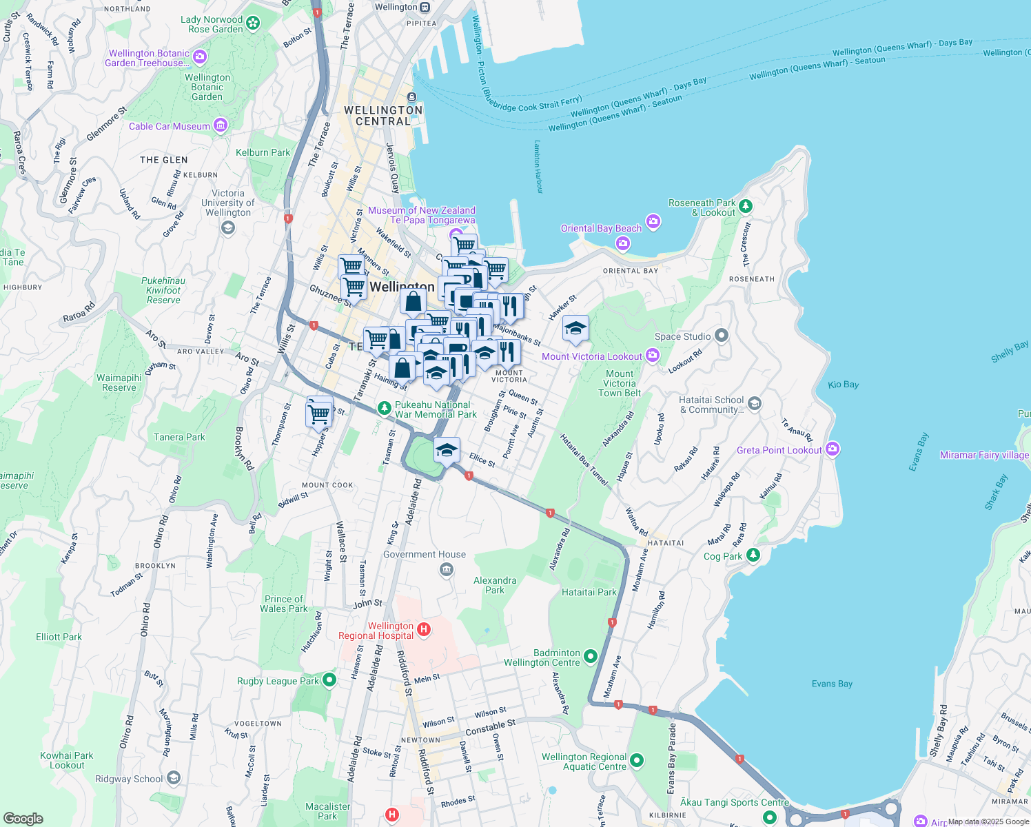 map of restaurants, bars, coffee shops, grocery stores, and more near 66 Pirie St in Wellington