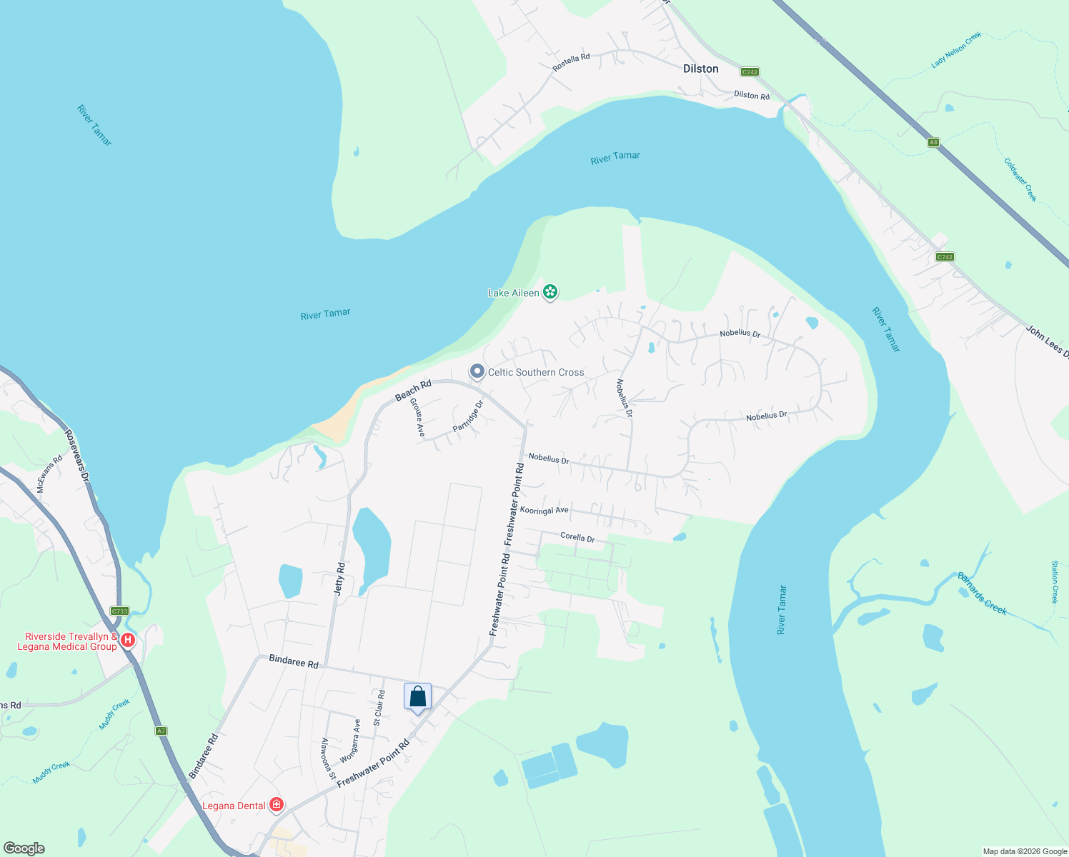 map of restaurants, bars, coffee shops, grocery stores, and more near 202 Freshwater Point Road in Legana