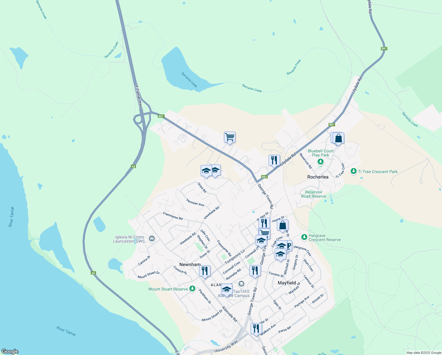 map of restaurants, bars, coffee shops, grocery stores, and more near 215 George Town Road in Rocherlea
