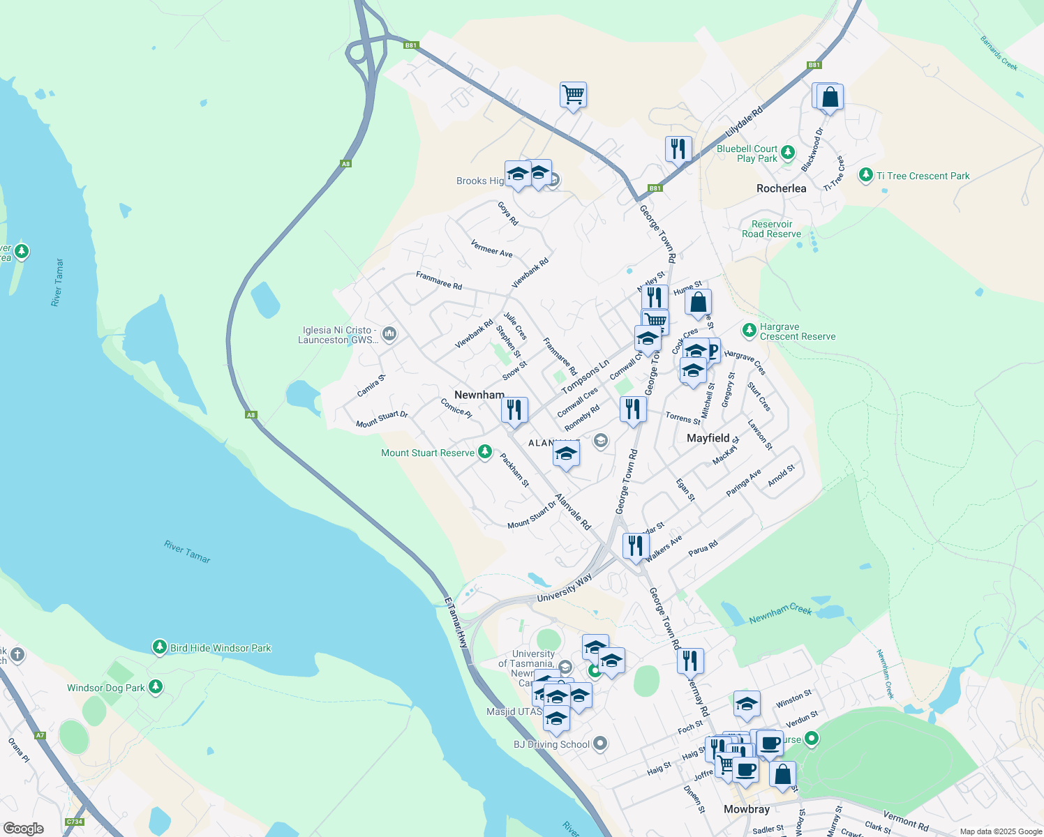 map of restaurants, bars, coffee shops, grocery stores, and more near 88 Tompsons Lane in Newnham