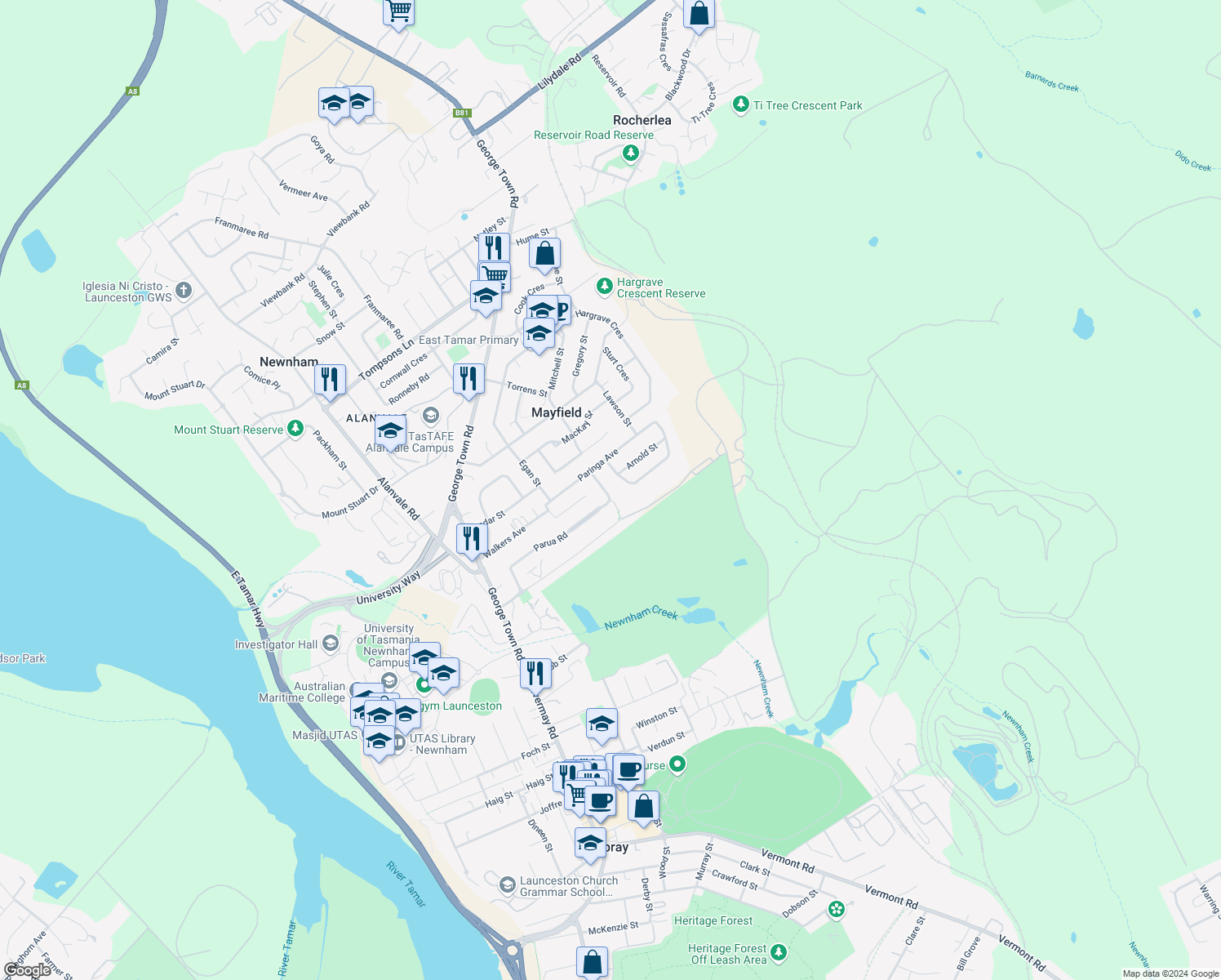 map of restaurants, bars, coffee shops, grocery stores, and more near 16 Meadowbank Road in Newnham
