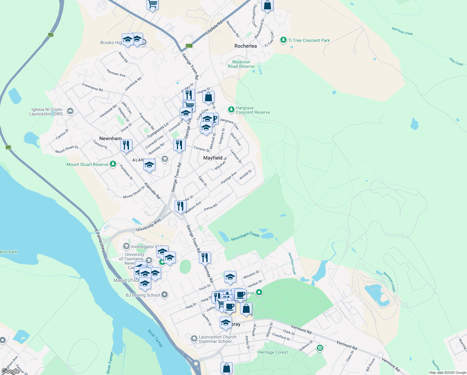 map of restaurants, bars, coffee shops, grocery stores, and more near 16 Meadowbank Road in Newnham