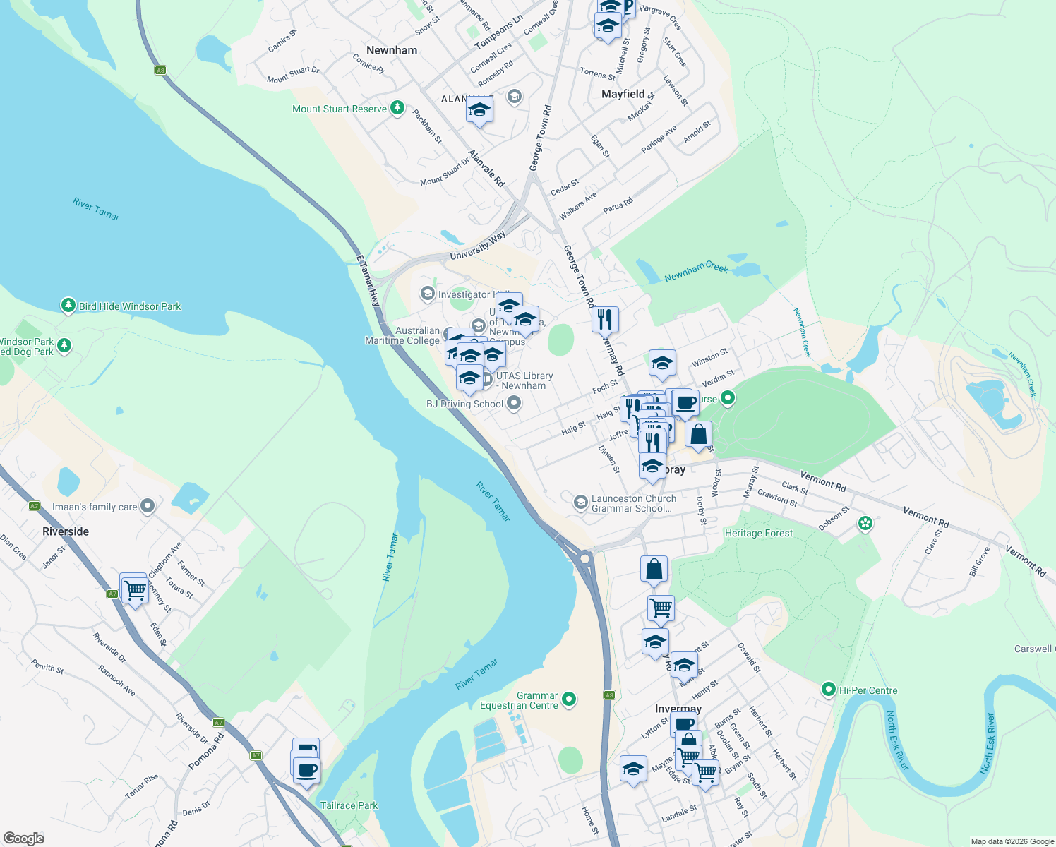 map of restaurants, bars, coffee shops, grocery stores, and more near 55 Foch Street in Mowbray