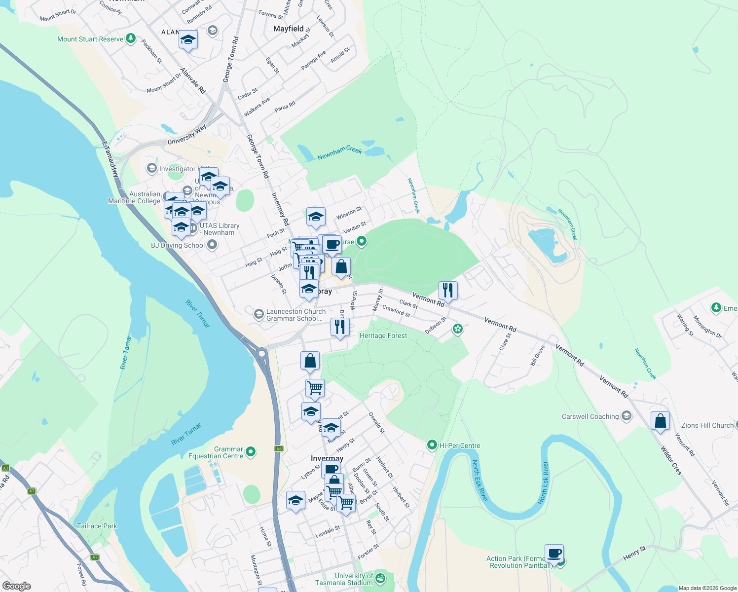 map of restaurants, bars, coffee shops, grocery stores, and more near 12 Clark Street in Mowbray