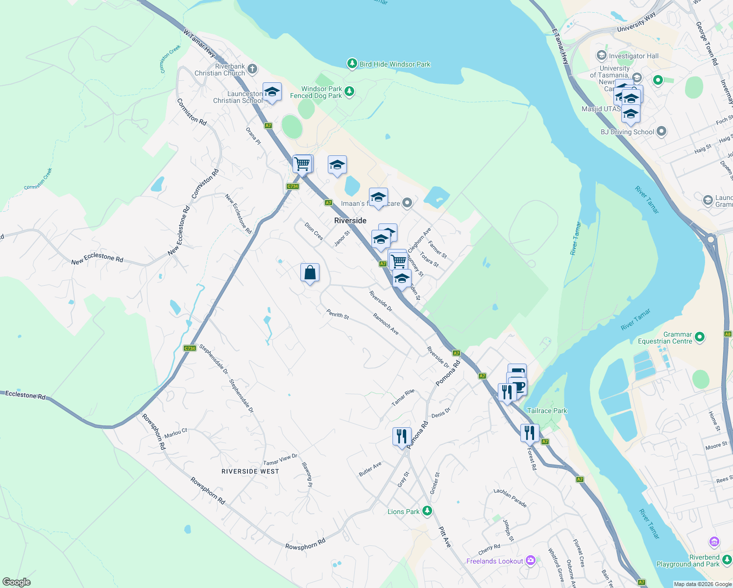 map of restaurants, bars, coffee shops, grocery stores, and more near 75 Riverside Drive in Riverside