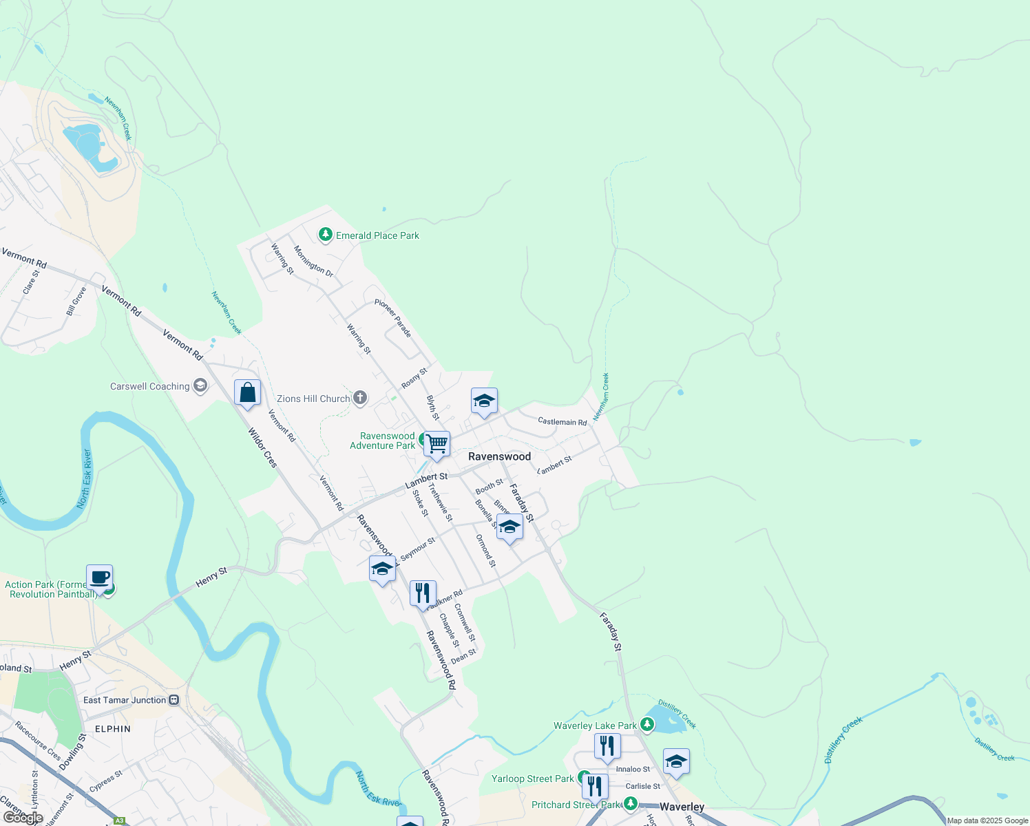map of restaurants, bars, coffee shops, grocery stores, and more near 22 Prossers Forest Road in Ravenswood