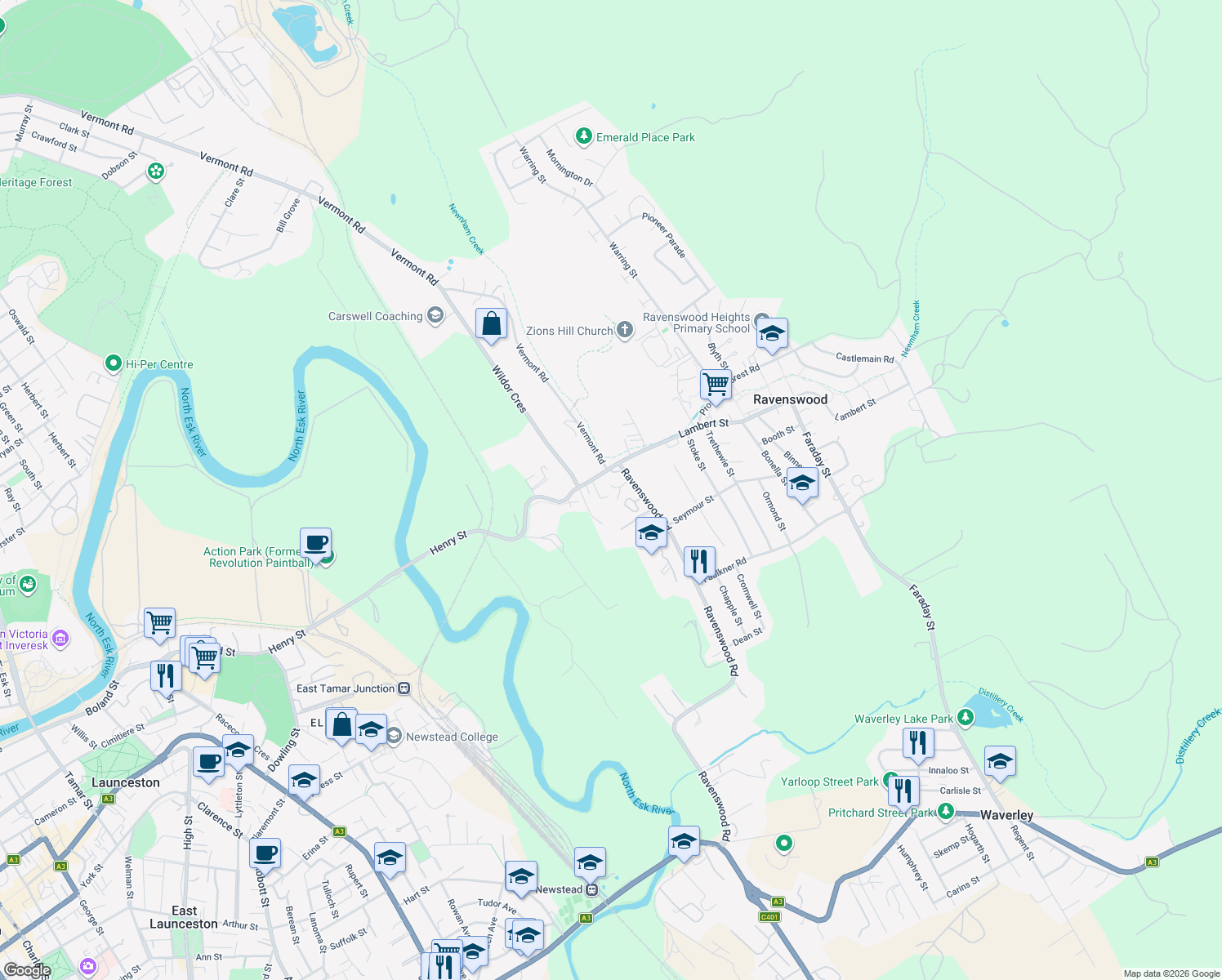 map of restaurants, bars, coffee shops, grocery stores, and more near 6A Ravenswood Road in Ravenswood