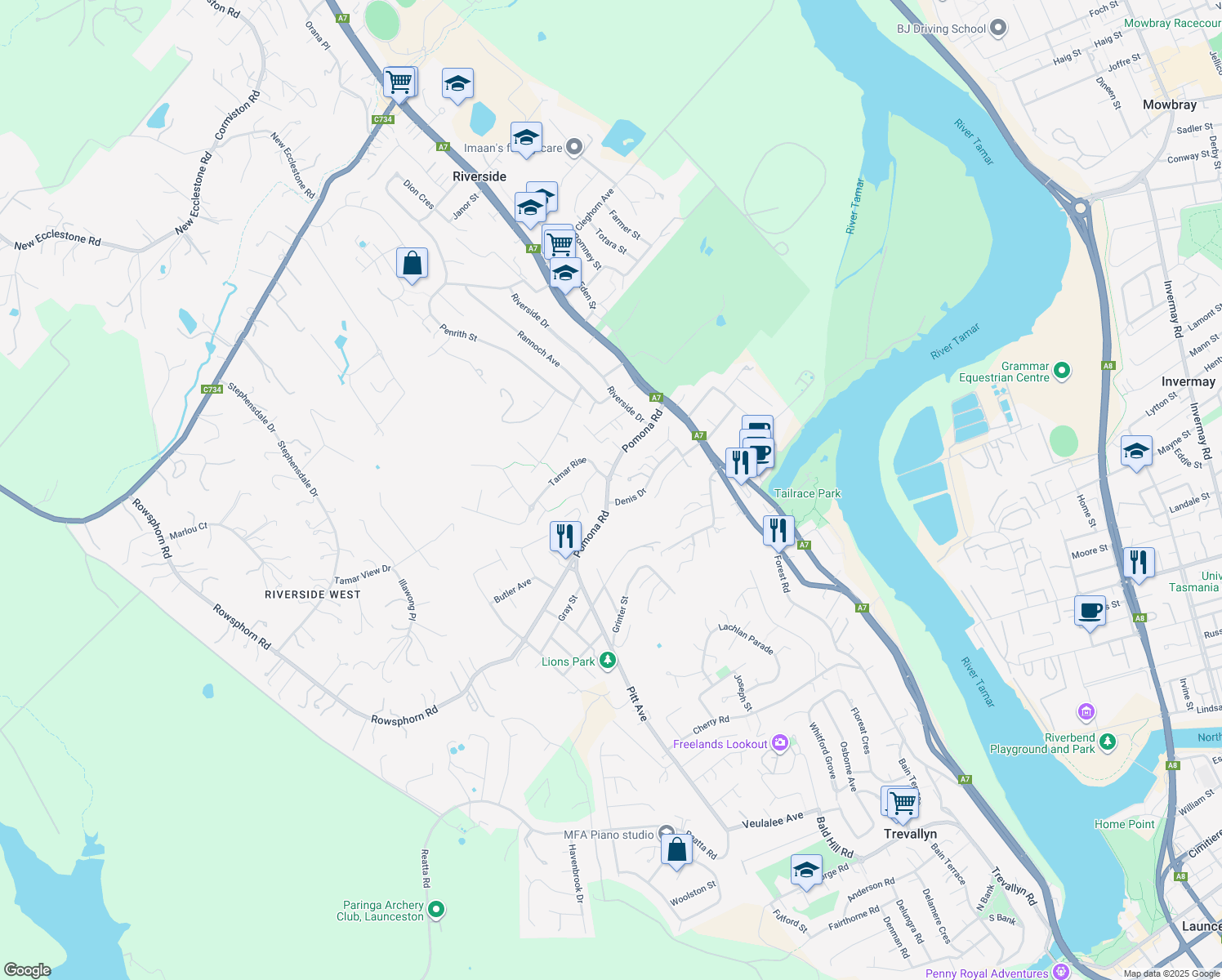 map of restaurants, bars, coffee shops, grocery stores, and more near 35 Pomona Road in Riverside