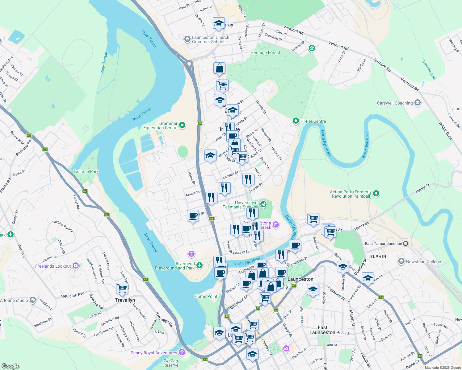 map of restaurants, bars, coffee shops, grocery stores, and more near 7 Donald Street in Invermay
