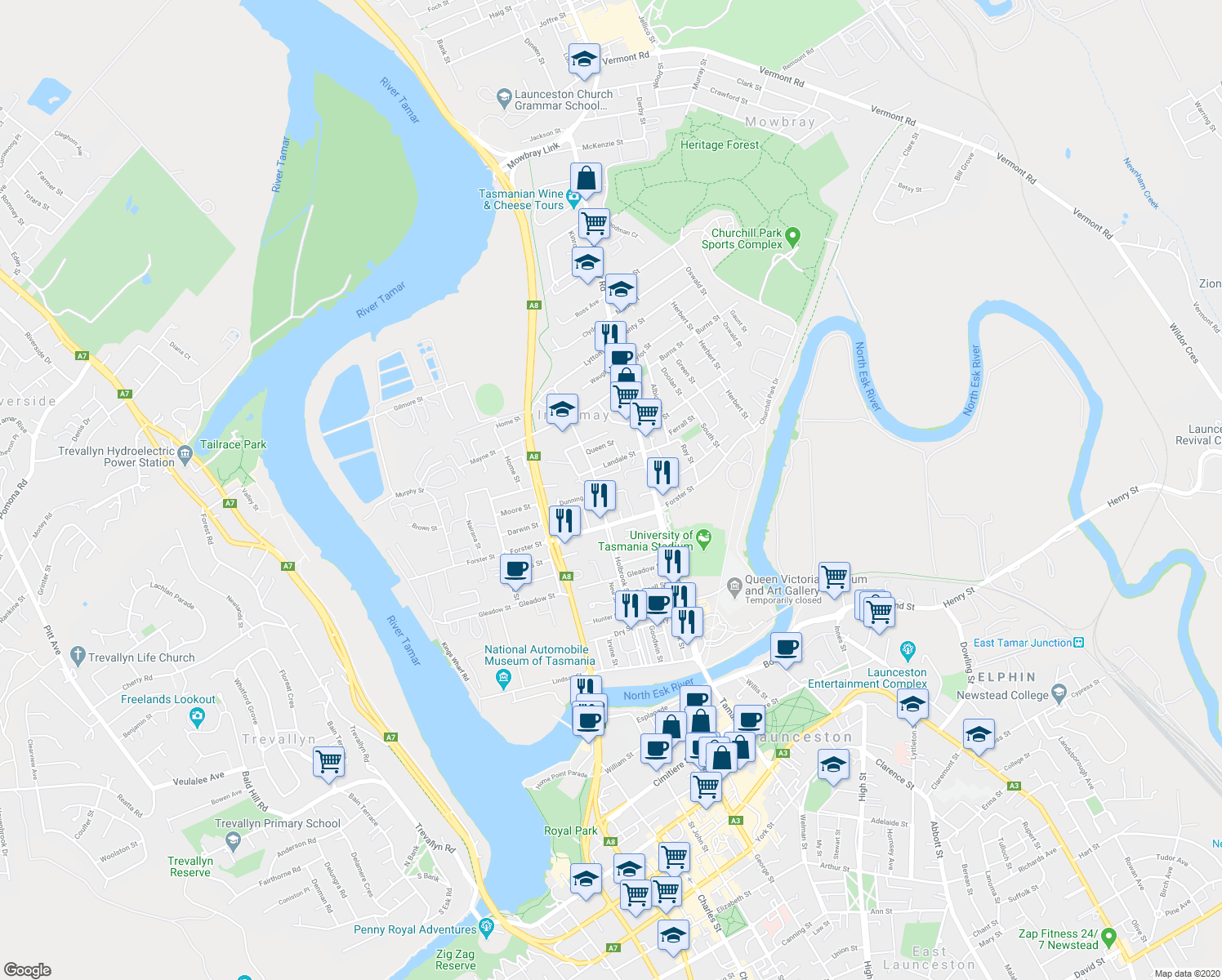 map of restaurants, bars, coffee shops, grocery stores, and more near 3A Donald Street in Invermay