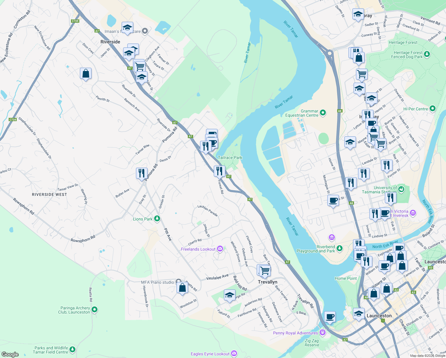 map of restaurants, bars, coffee shops, grocery stores, and more near 162 West Tamar Road in Trevallyn