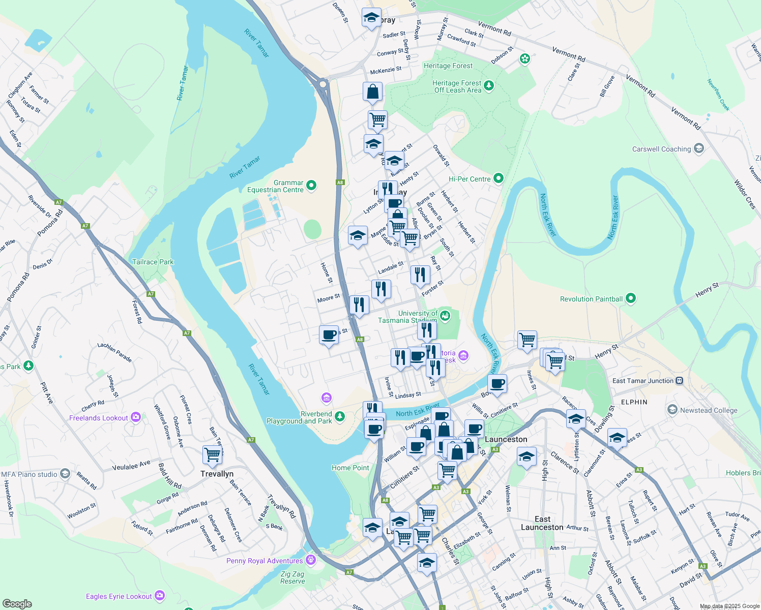 map of restaurants, bars, coffee shops, grocery stores, and more near 60B Forster Street in Invermay