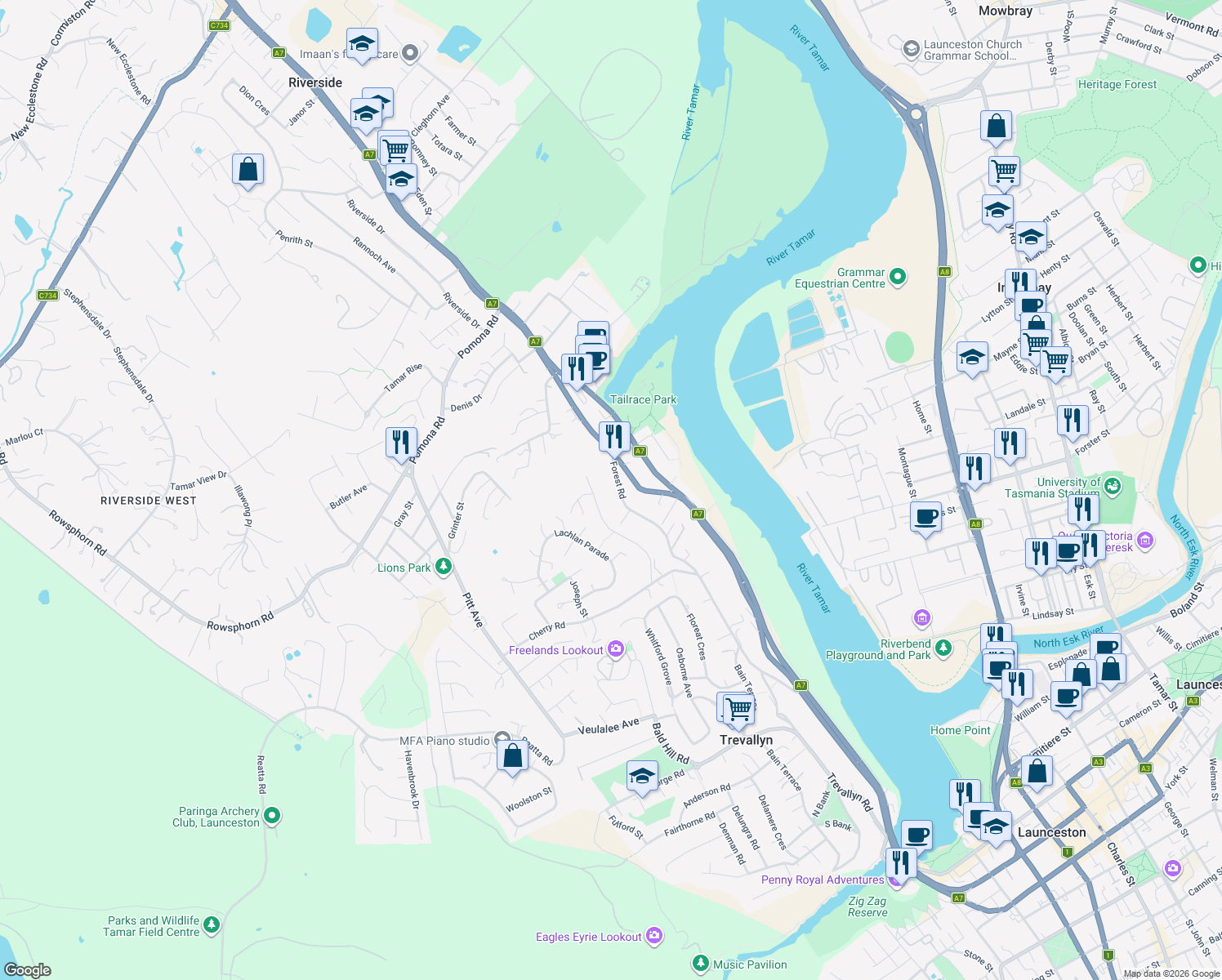 map of restaurants, bars, coffee shops, grocery stores, and more near 93 Forest Road in Trevallyn