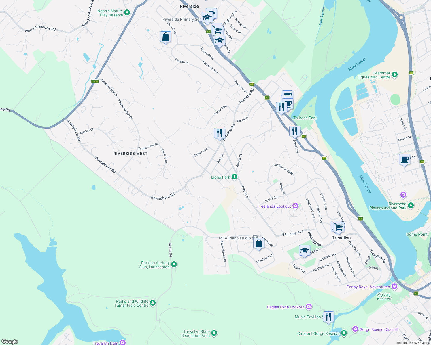 map of restaurants, bars, coffee shops, grocery stores, and more near 26 Addison Street in Riverside