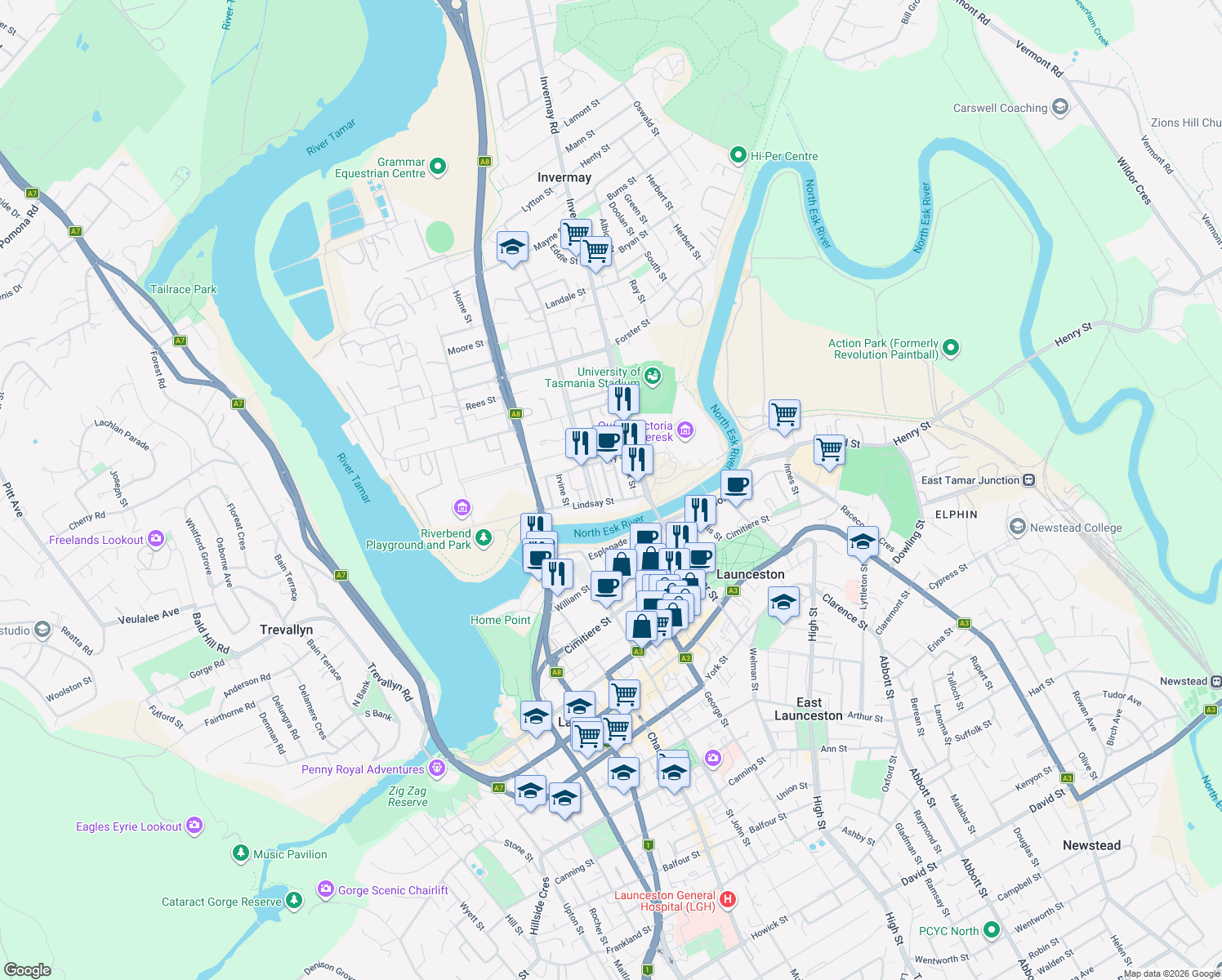 map of restaurants, bars, coffee shops, grocery stores, and more near 6 Goodwin Street in Invermay
