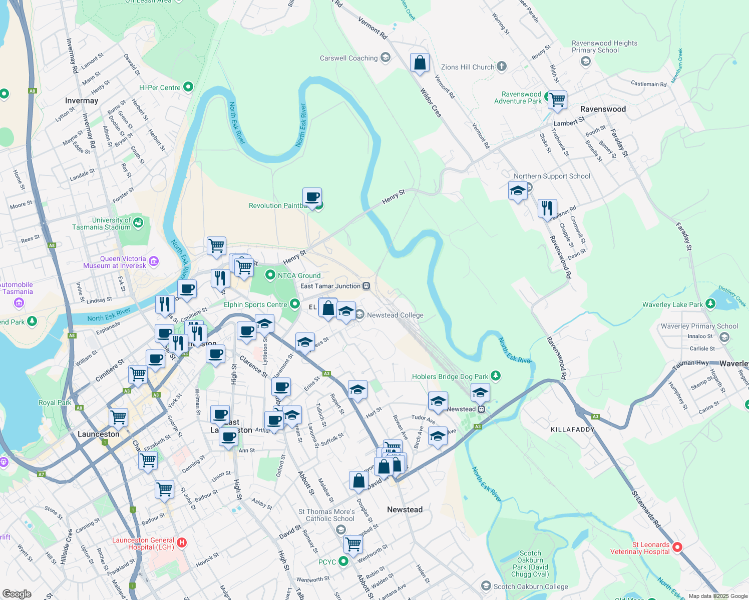 map of restaurants, bars, coffee shops, grocery stores, and more near 71 Cypress Street in Newstead