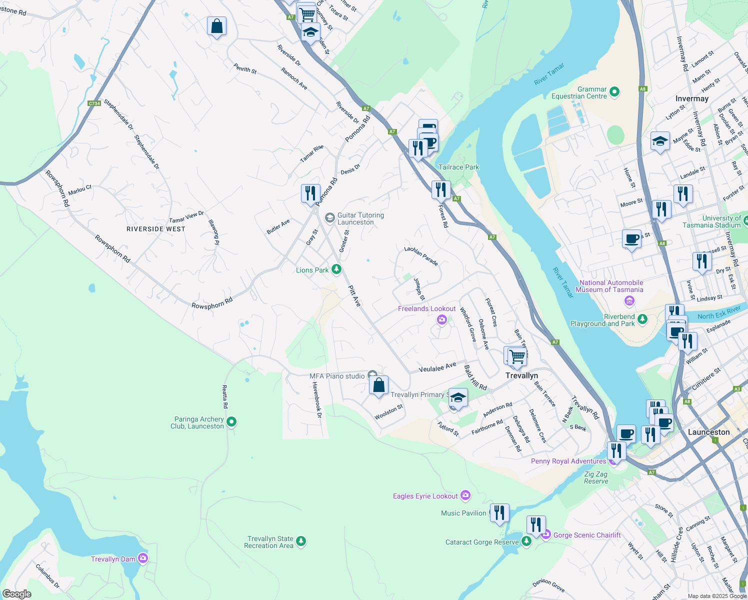 map of restaurants, bars, coffee shops, grocery stores, and more near 86 Cherry Road in Trevallyn