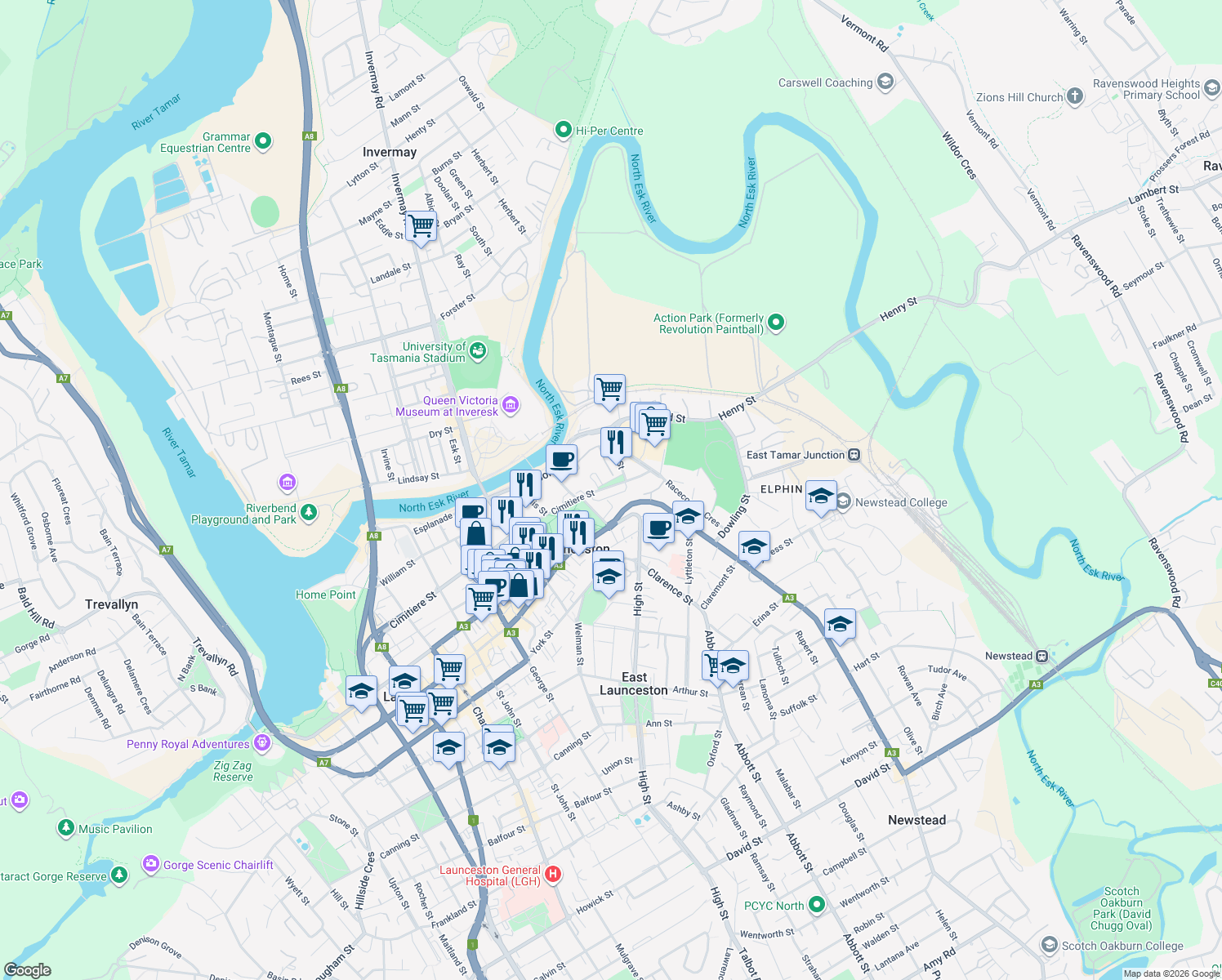 map of restaurants, bars, coffee shops, grocery stores, and more near 35 Cimitiere Street in Launceston