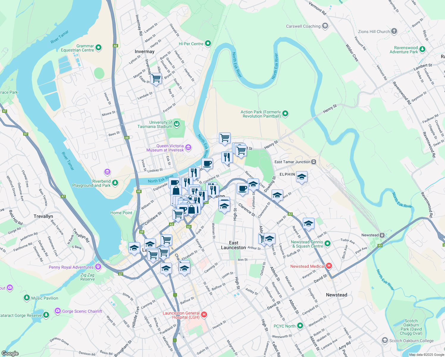 map of restaurants, bars, coffee shops, grocery stores, and more near 39 Lawrence Street in Launceston