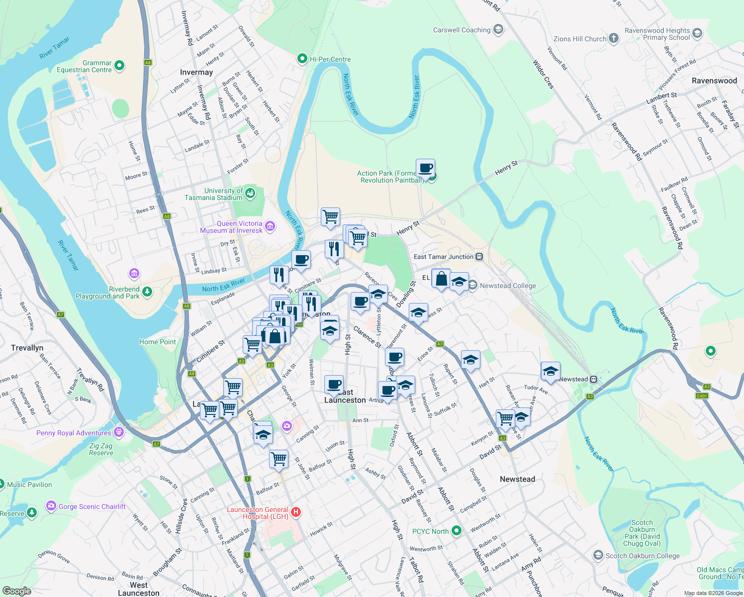 map of restaurants, bars, coffee shops, grocery stores, and more near 38 Elphin Road in Launceston