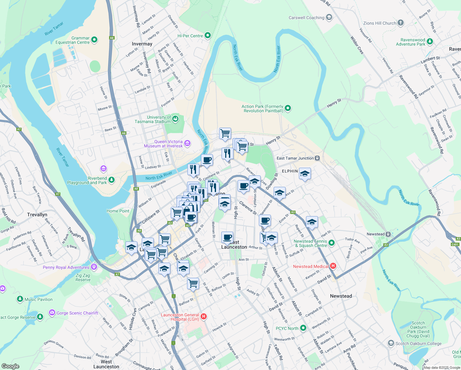 map of restaurants, bars, coffee shops, grocery stores, and more near 1A Brisbane Street in East Launceston