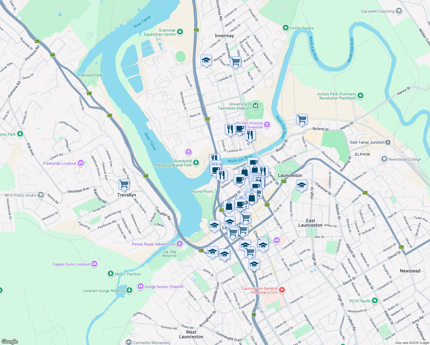 map of restaurants, bars, coffee shops, grocery stores, and more near 28 Seaport Boulevard in Launceston