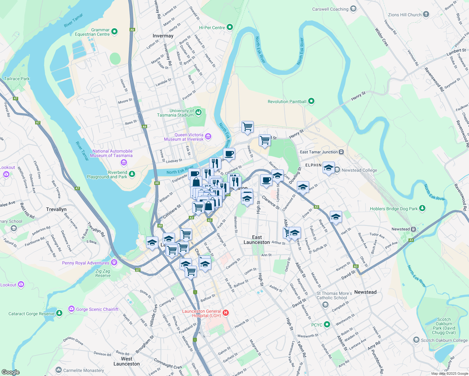 map of restaurants, bars, coffee shops, grocery stores, and more near in Launceston