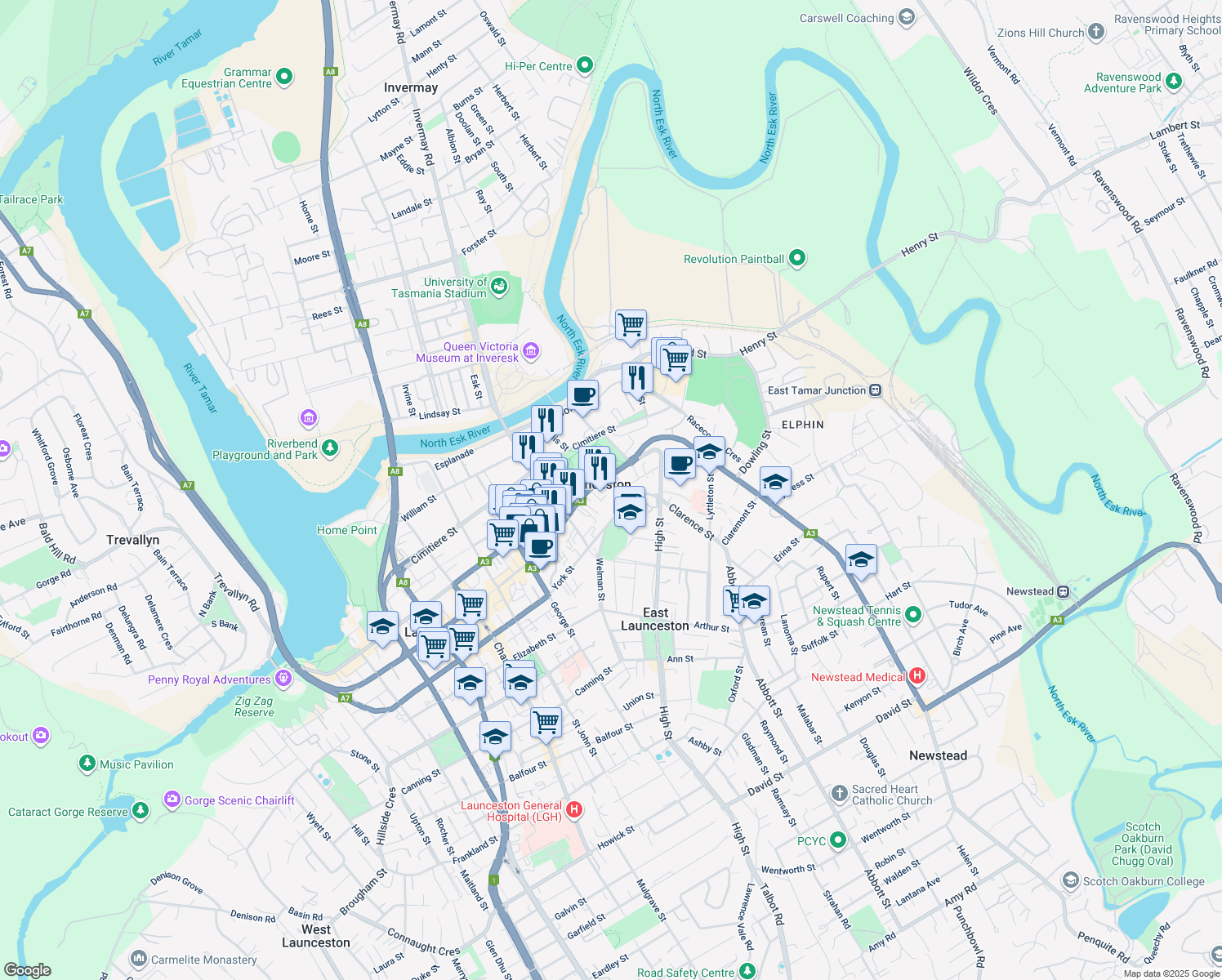 map of restaurants, bars, coffee shops, grocery stores, and more near 11 Brisbane Street in Launceston