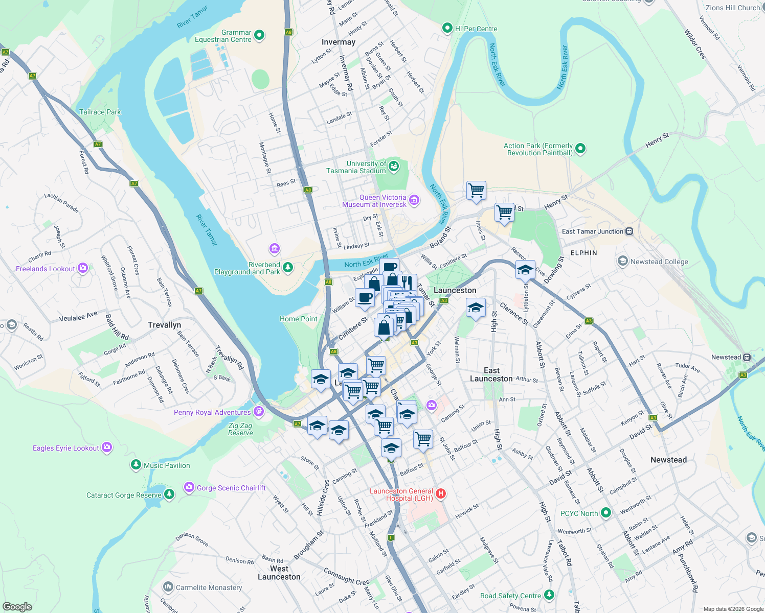 map of restaurants, bars, coffee shops, grocery stores, and more near 113 Cimitiere Street in Launceston