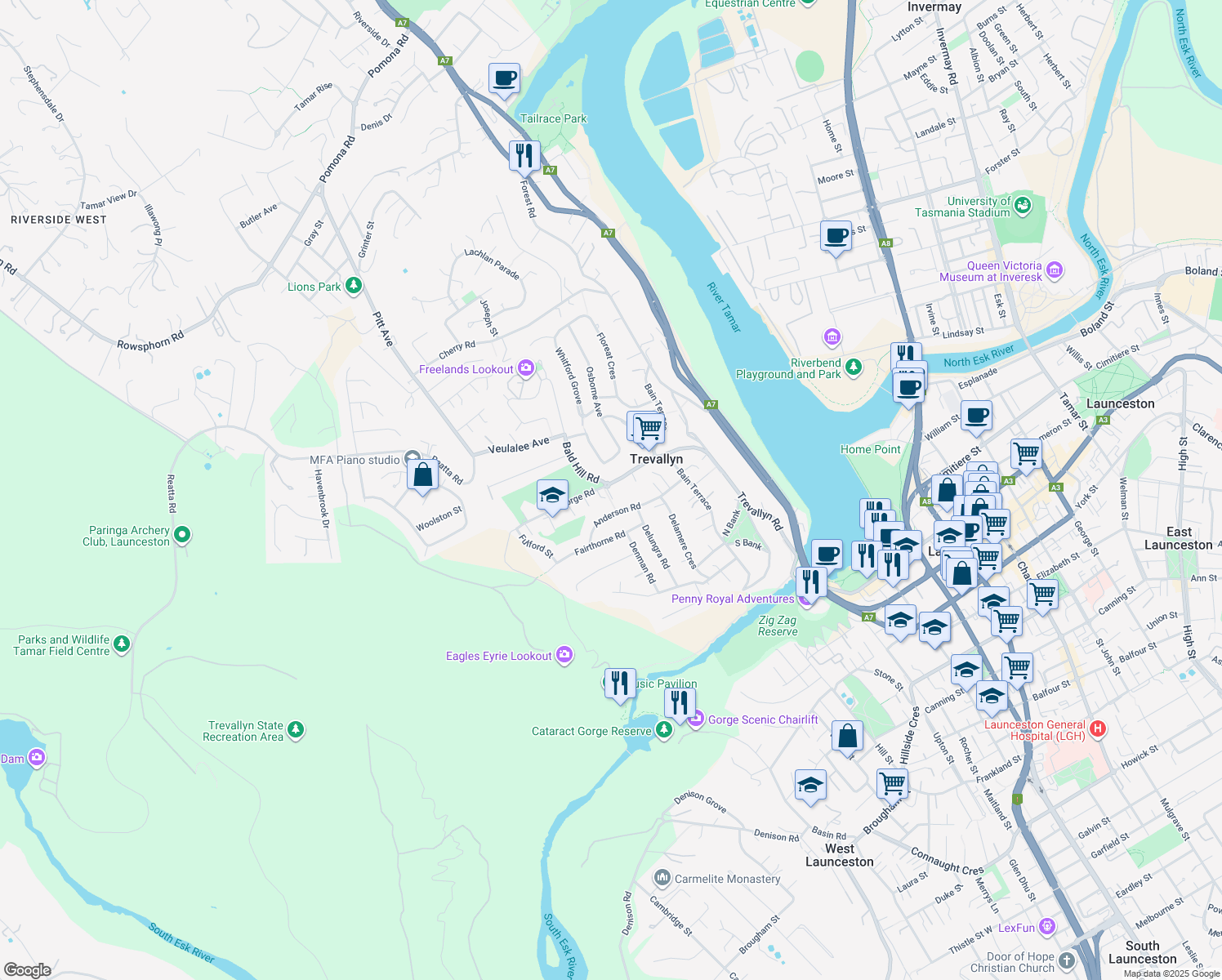 map of restaurants, bars, coffee shops, grocery stores, and more near 33 Gorge Road in Trevallyn