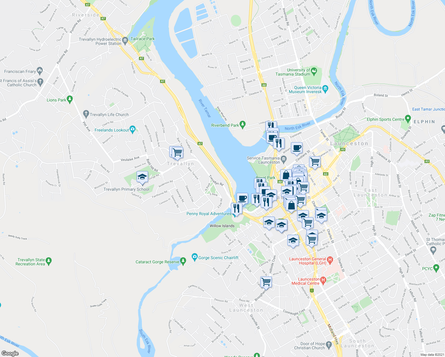 map of restaurants, bars, coffee shops, grocery stores, and more near 11A West Tamar Road in Trevallyn