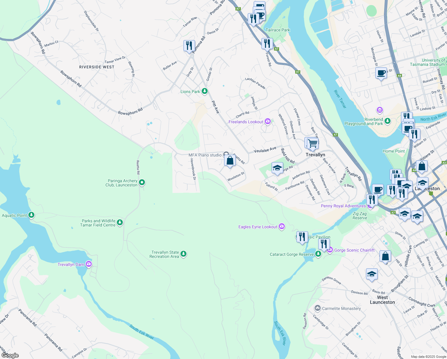 map of restaurants, bars, coffee shops, grocery stores, and more near 103 New World Avenue in Trevallyn